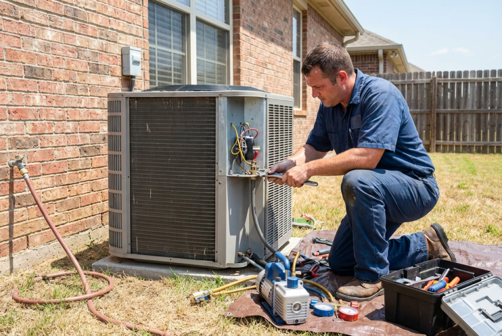 Liberty HVAC technician performing emergency AC repair on outdoor unit in St. Louis