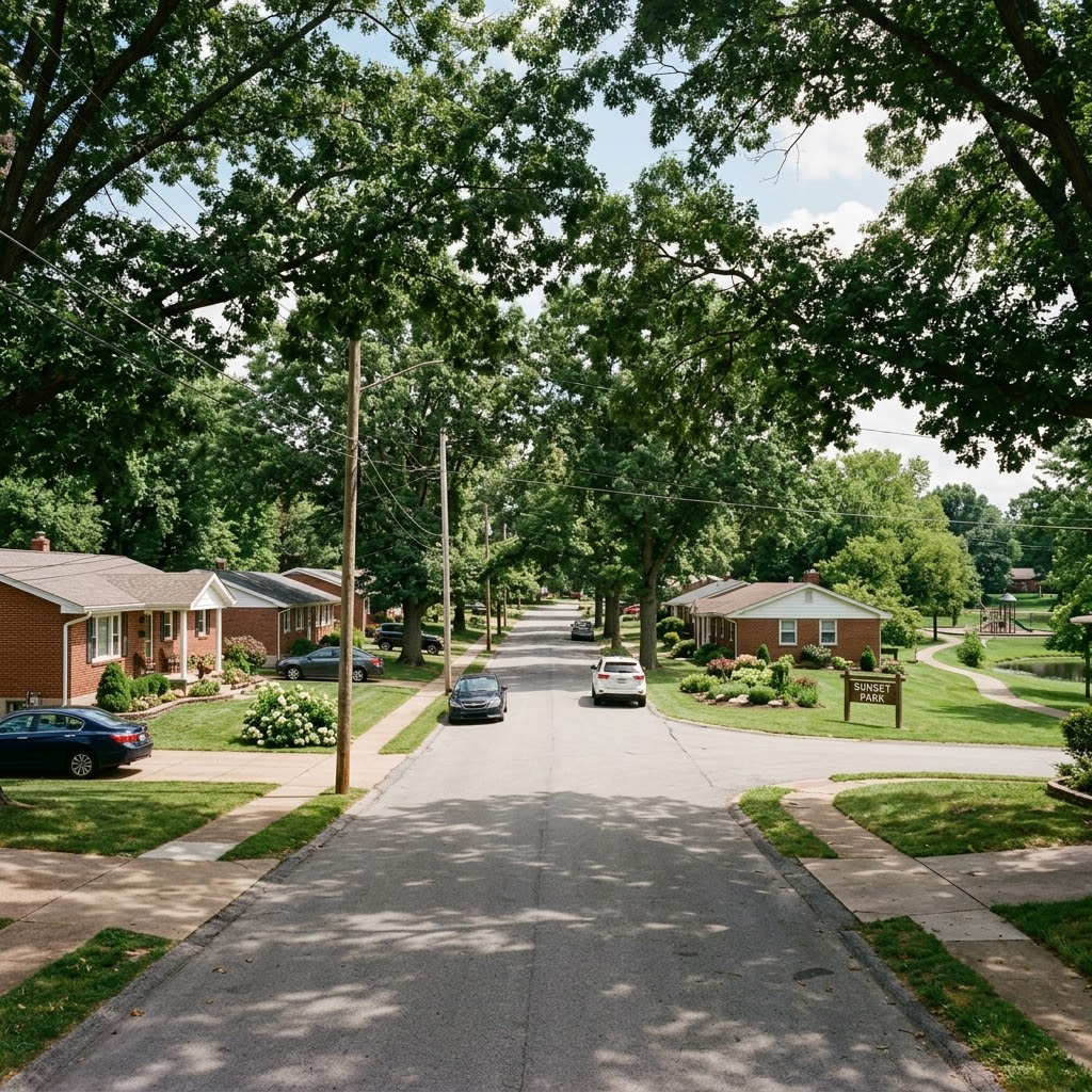 AC repair near Arnold City Park in Arnold MO, residential street with mature oaks