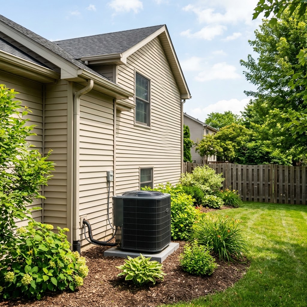 Outdoor condenser at a Columbia IL home serviced for AC repair