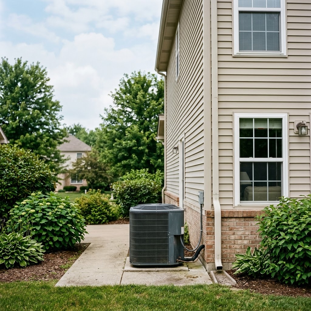 Backyard AC condenser at a Waterloo IL home serviced for AC repair