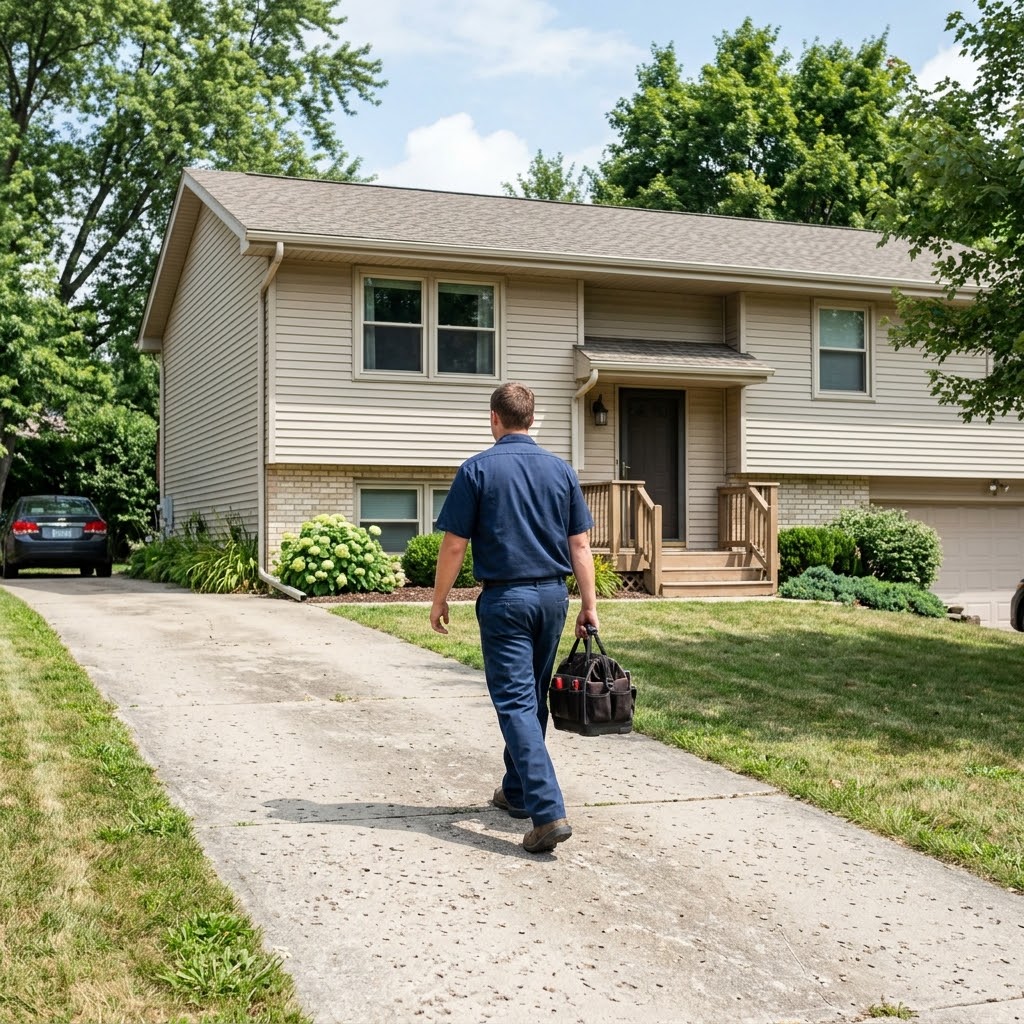 Technician arriving for AC repair along the Meramec Bottom Road corridor in Oakville