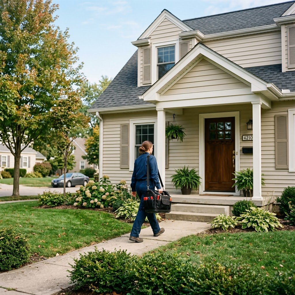 Technician walking up for AC repair near Waterloo High School in Monroe County IL