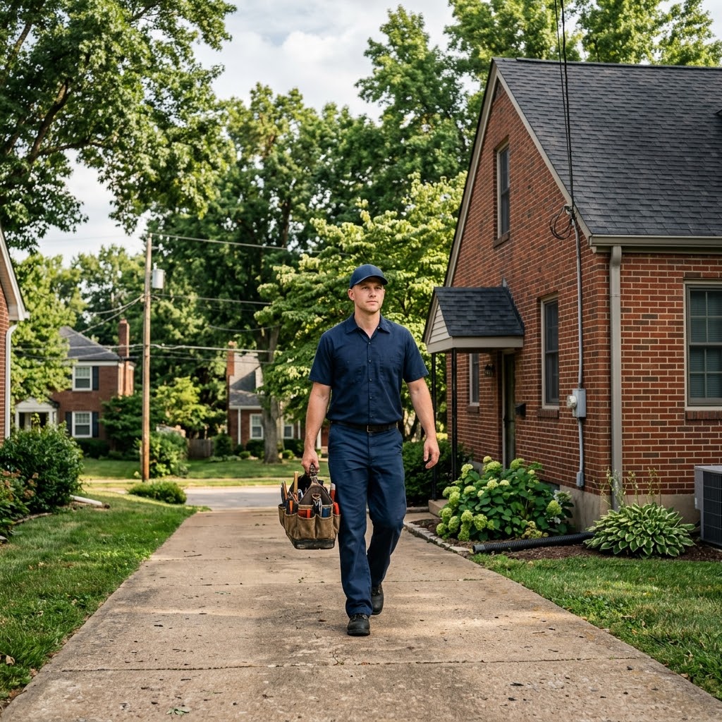 Liberty HVAC technician arriving for AC repair near Point Elementary School in Oakville