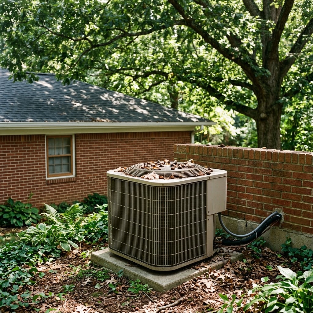 AC repair near Point Elementary School in Oakville — outdoor condenser shaded by tree canopy