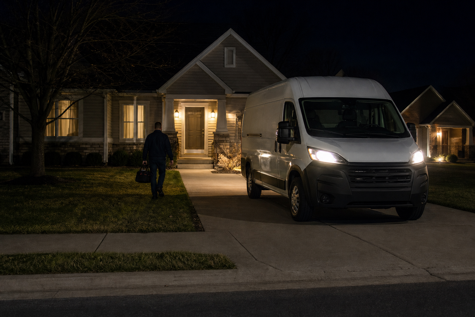 HVAC service van parked in a residential driveway at night with headlights on (do HVAC companies offer 24 7 emergency AC service in St. Louis)
