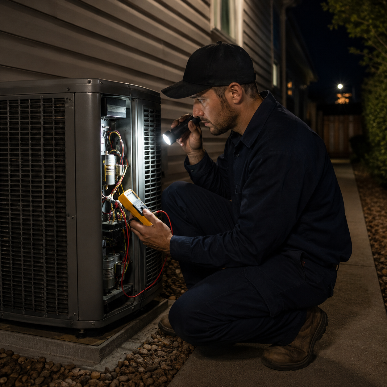 HVAC technician kneeling next to an outdoor condenser unit at night using a flashlight and a multime (do HVAC companies offer 24 7 emergency AC service in St. Louis)