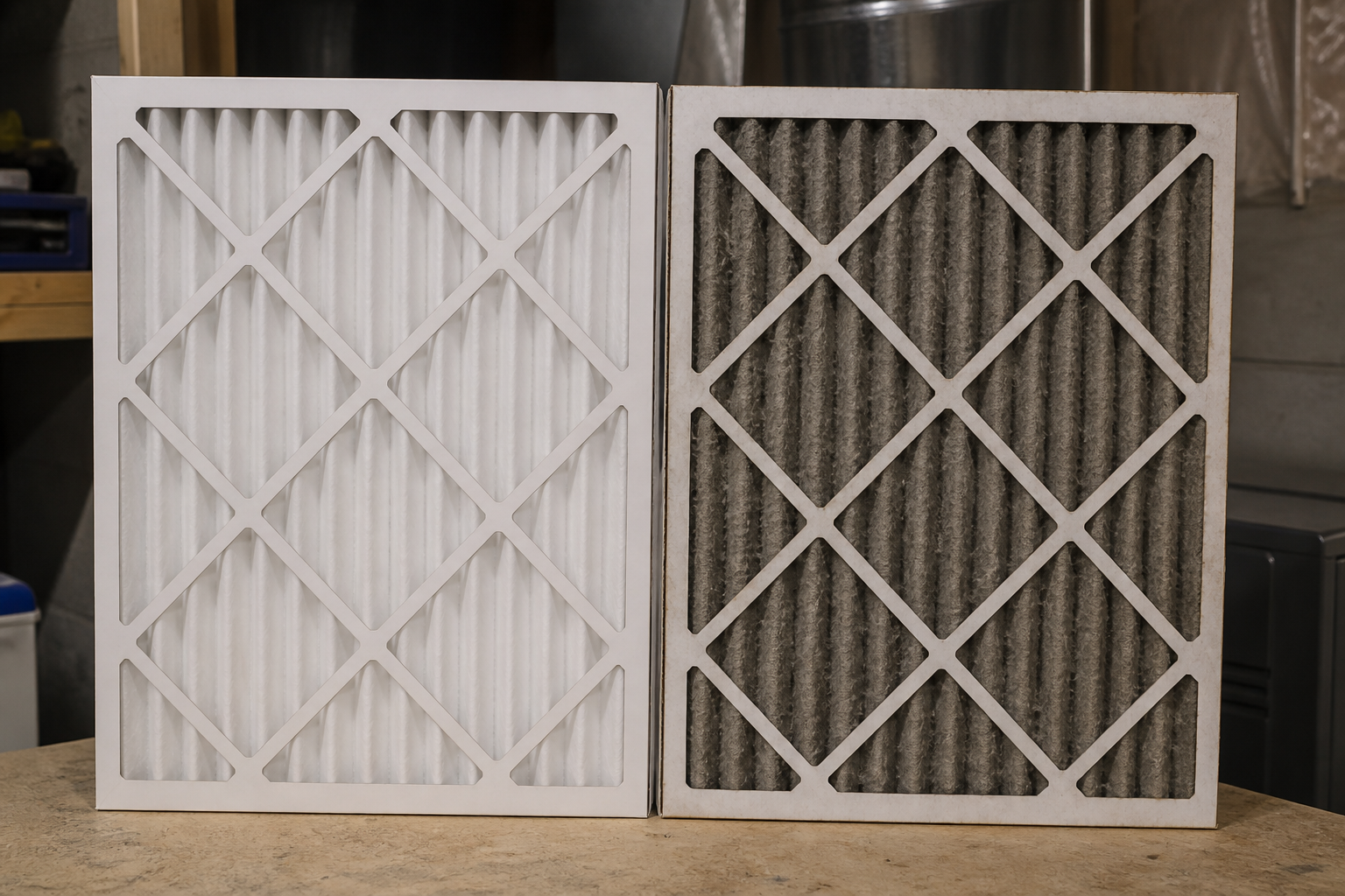 Close-up of two side-by-side residential HVAC air filters on a basement workbench