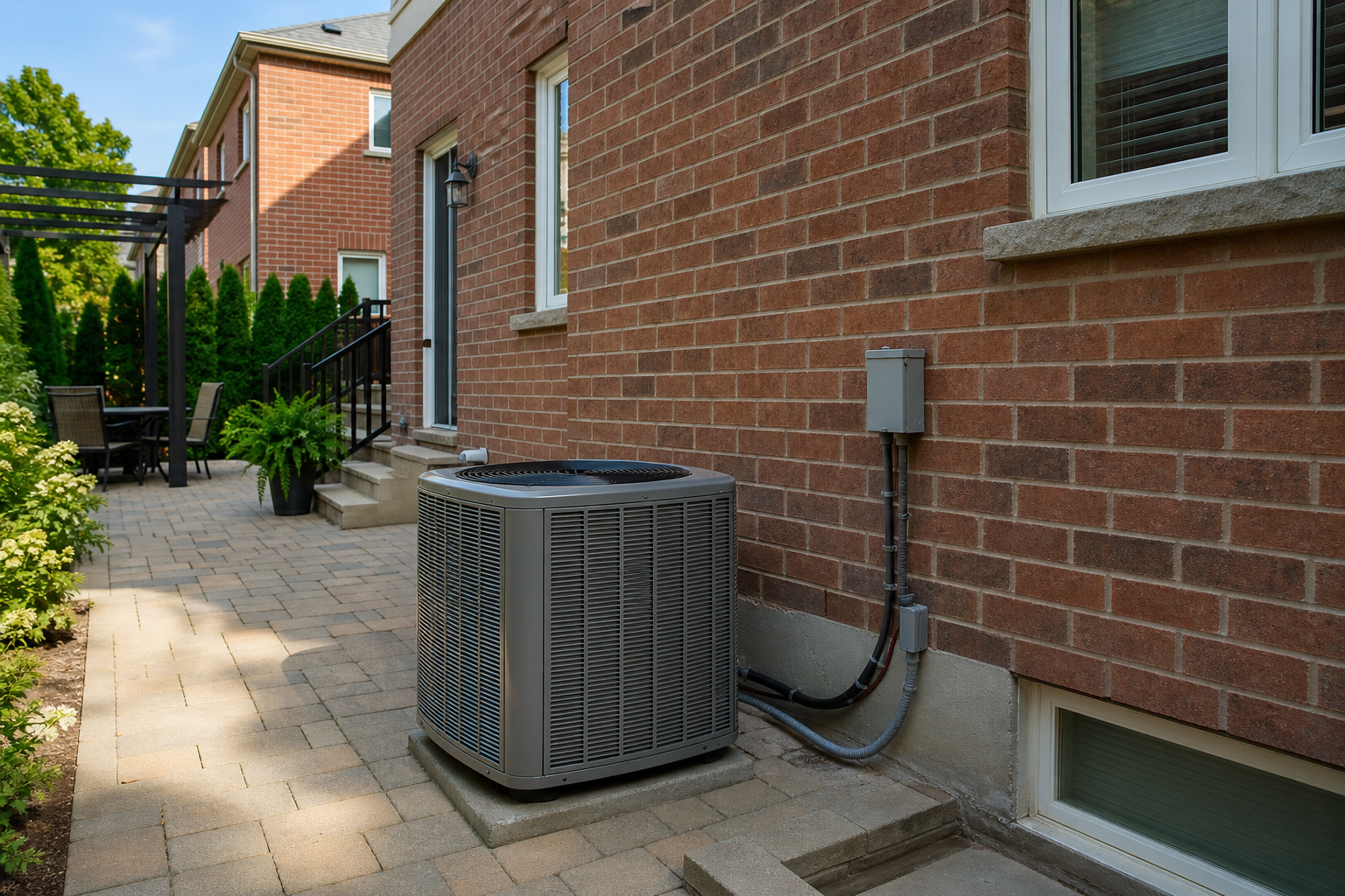 Suburban brick home backyard with an outdoor AC condenser unit and a small gray pull-out disconnect on the wall