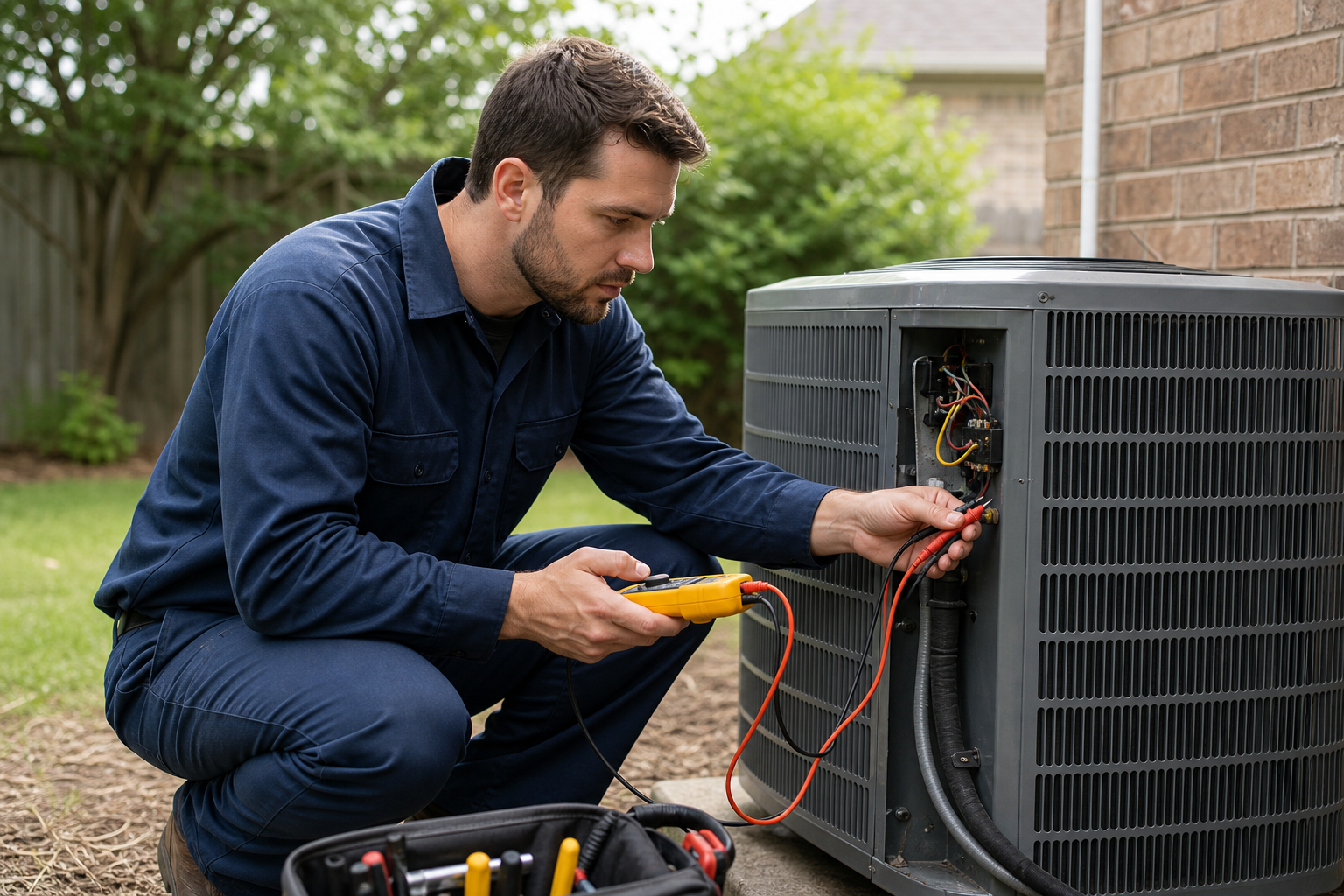 HVAC technician in work uniform crouched beside an outdoor condenser unit holding a multimeter