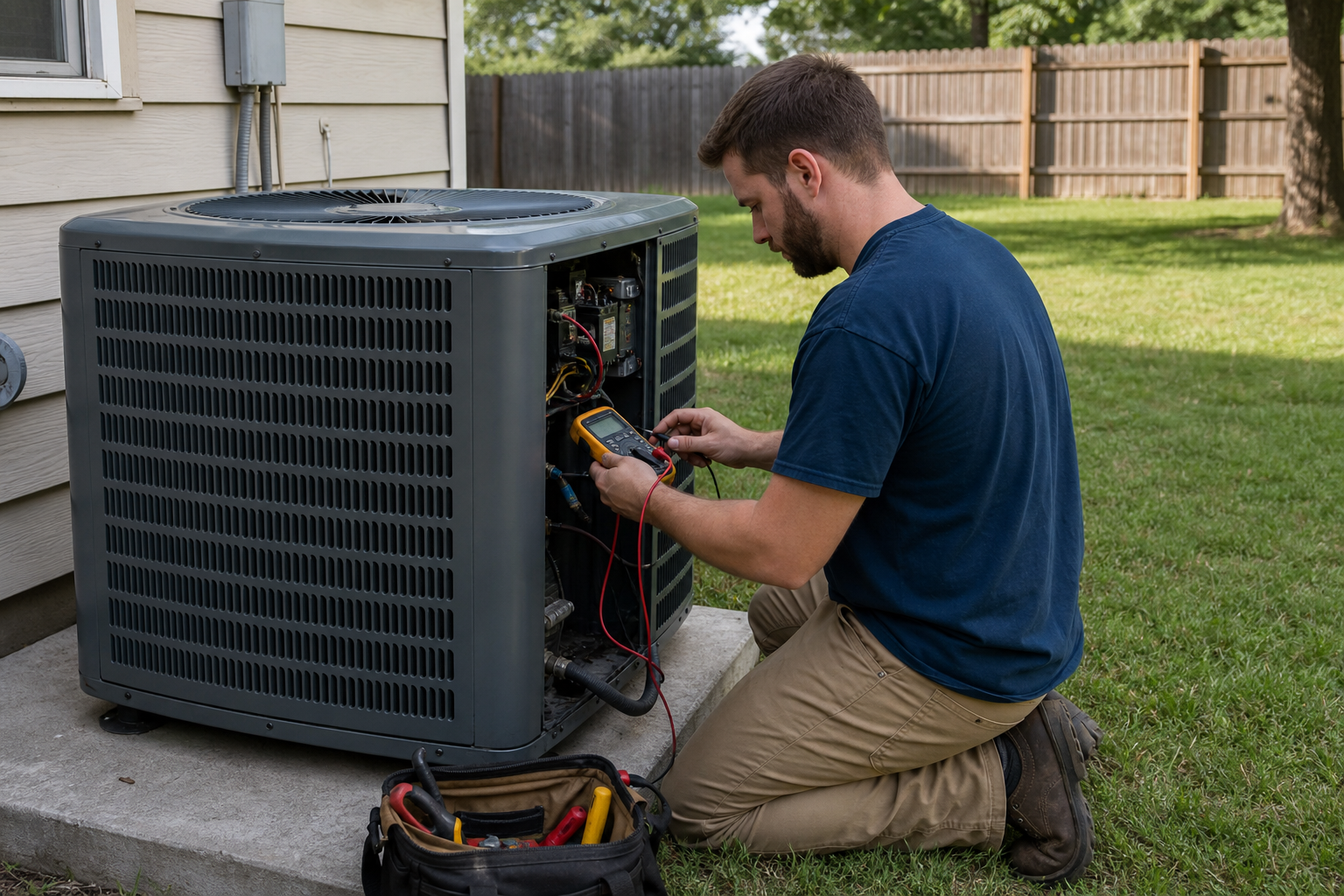 how long does AC repair take in Oakville - An HVAC technician kneeling beside a residential outdoor AC condenser unit on a concrete pad in a su