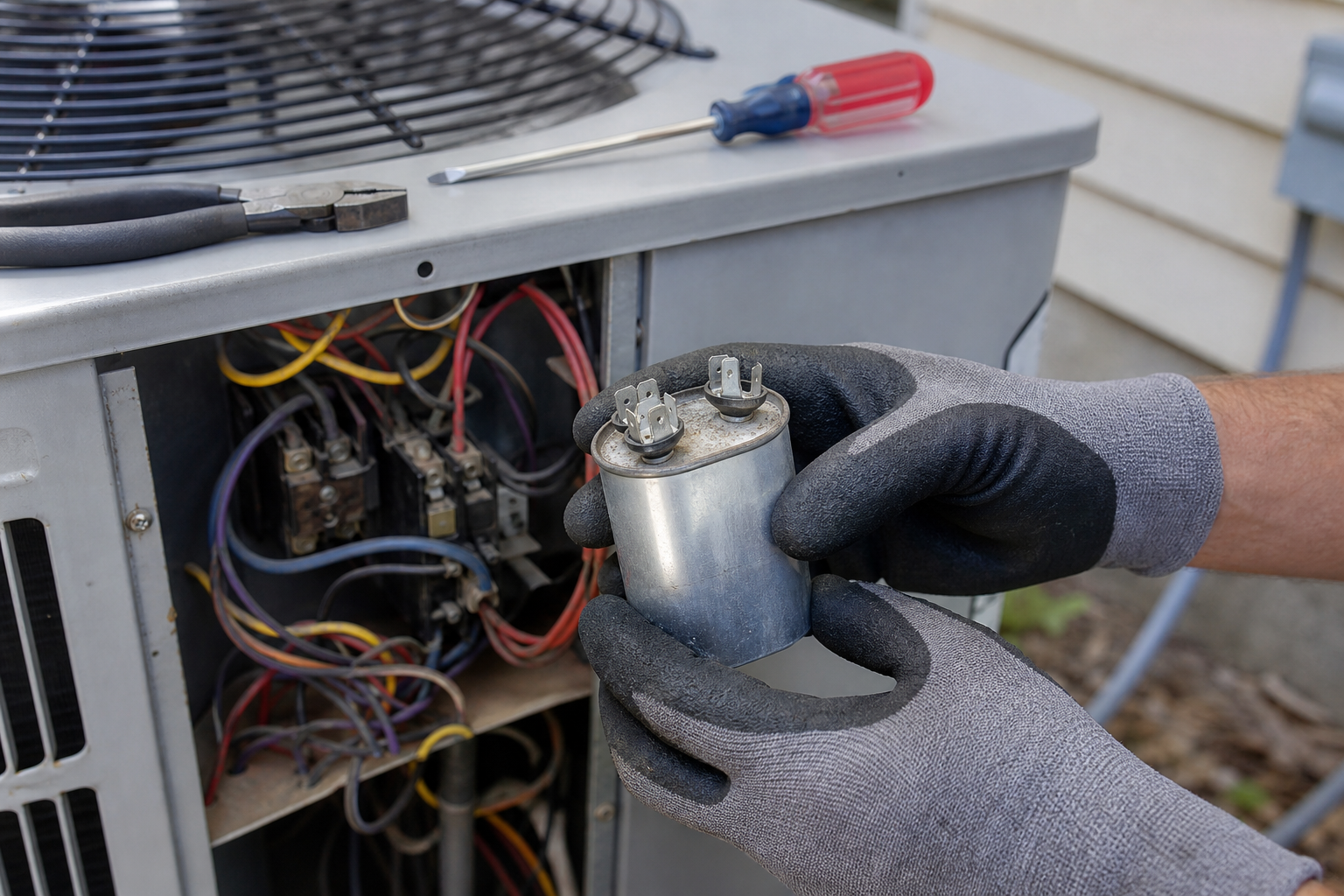 Close-up of a technician's gloved hands holding a small cylindrical AC capacitor next to an open electrical panel