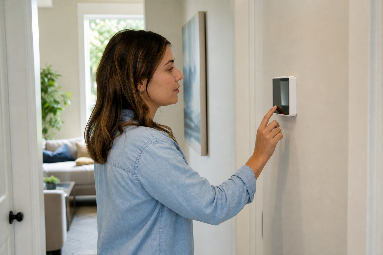 A homeowner standing in a hallway looking at a modern wall thermostat