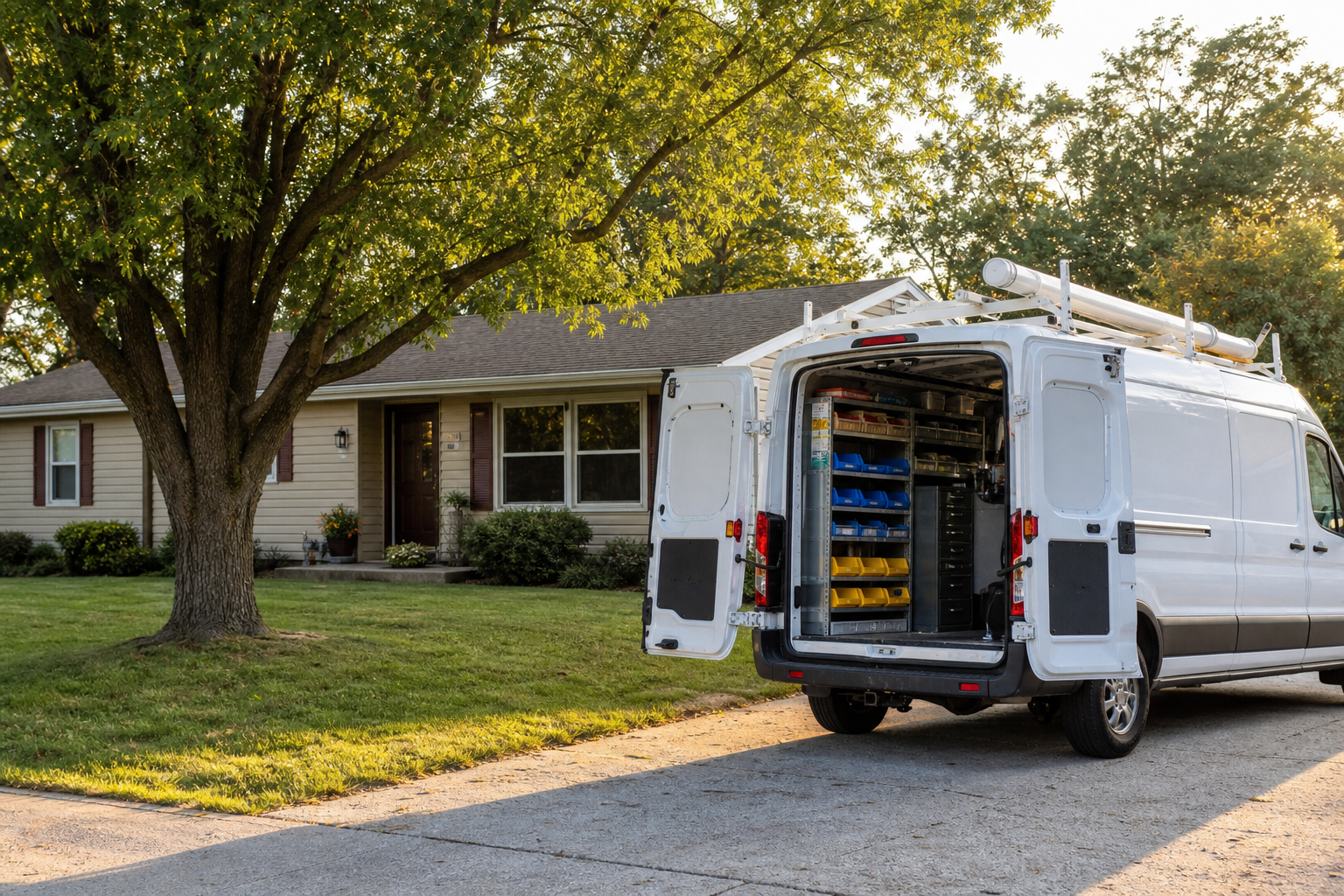 A clearly labeled Liberty service van parked in the driveway of a modest single-story suburban home