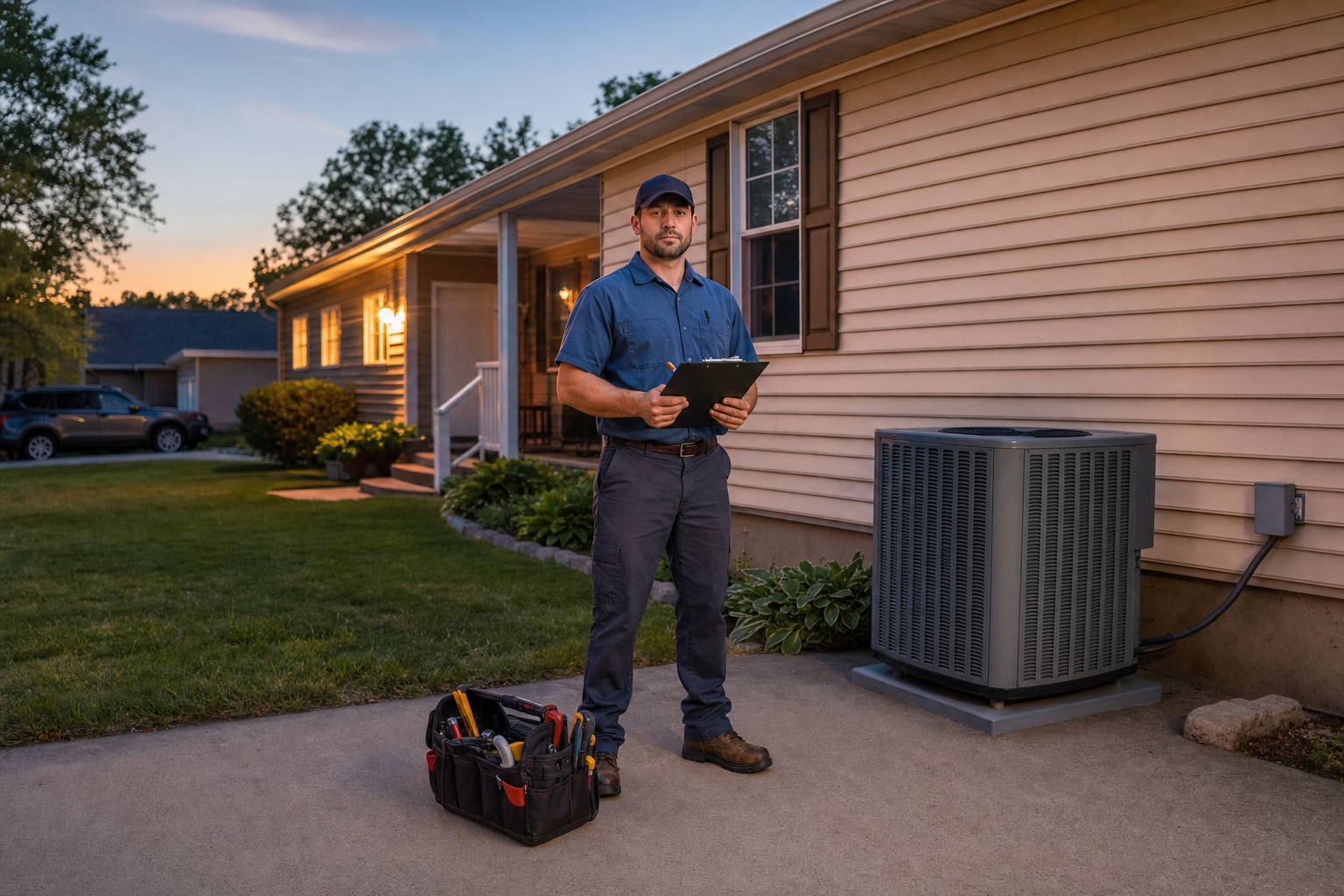how much does an emergency AC visit cost in St. Louis - An HVAC service technician standing in the driveway of a suburban single-story Missouri home at dusk