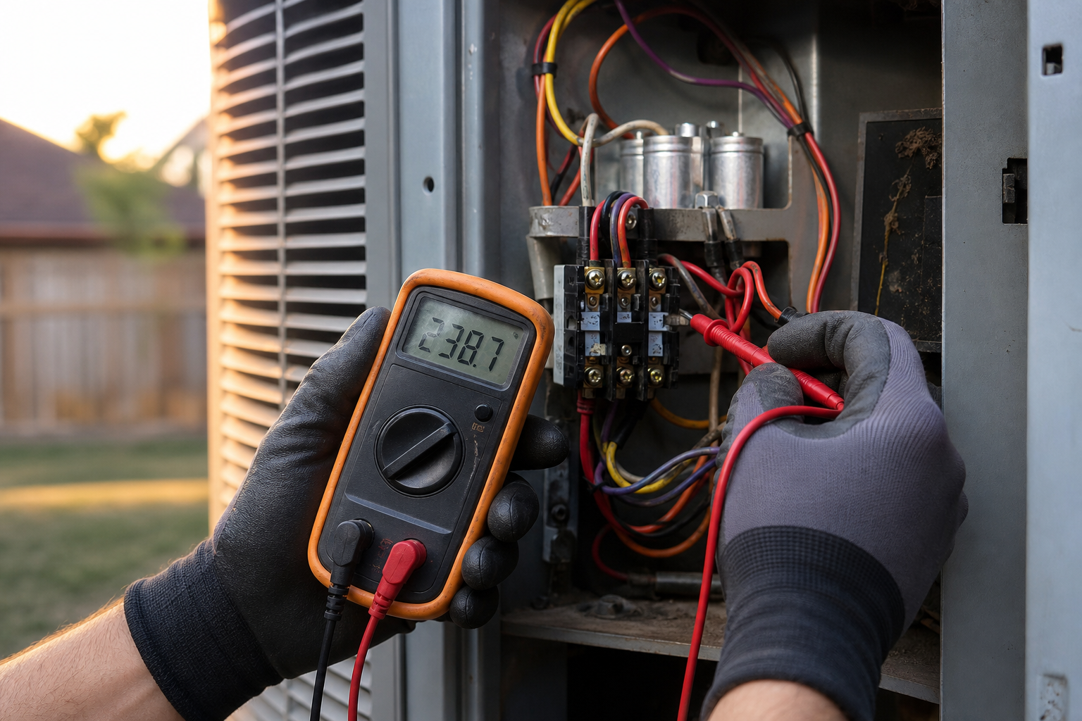 Close-up of a technician's gloved hands using a digital multimeter on the exposed electrical panel o (how much does an emergency AC visit cost in St. Louis)