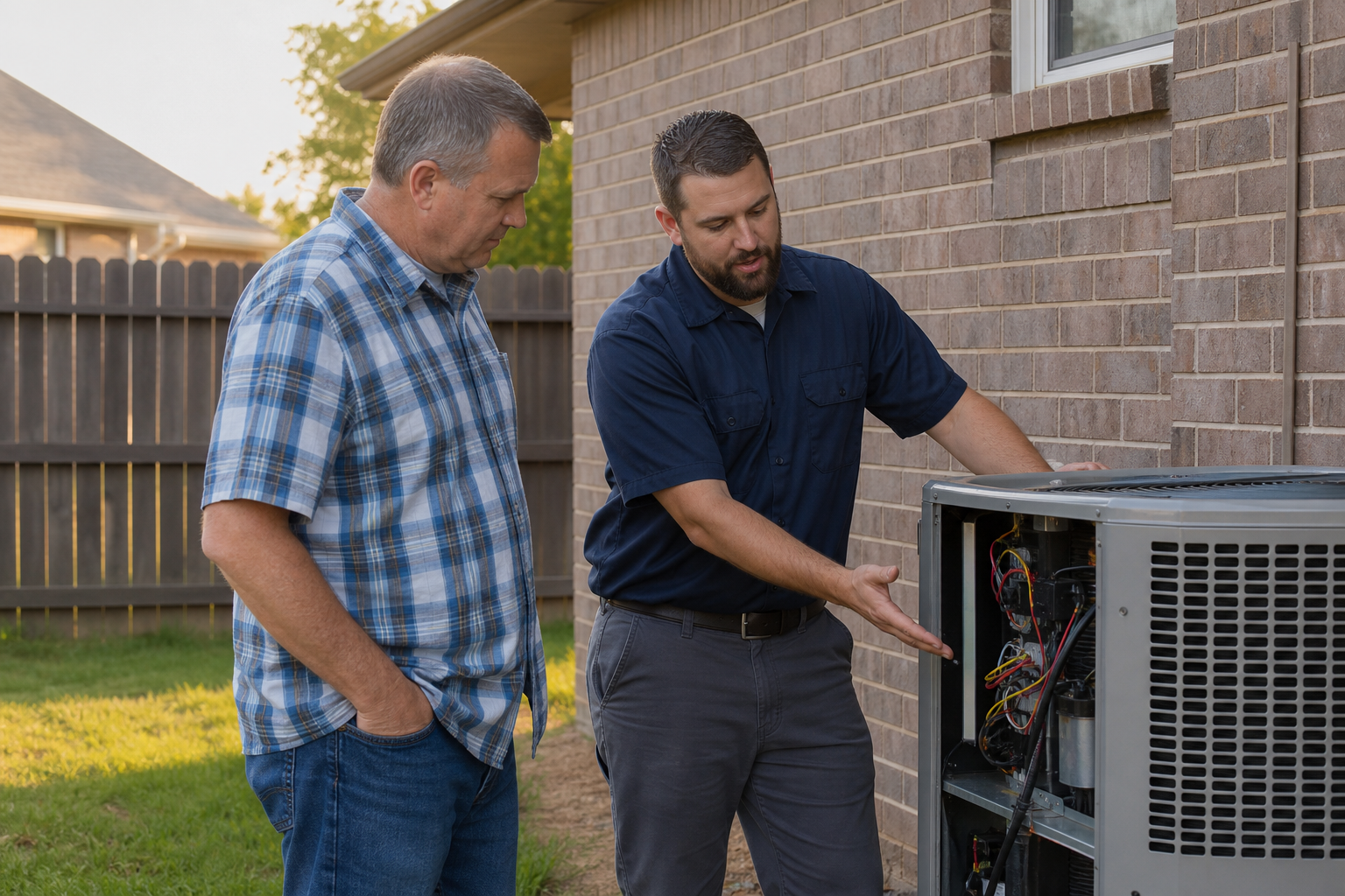 A homeowner and an HVAC technician standing together on the side of a residential Missouri home next (how much does an emergency AC visit cost in St. Louis)