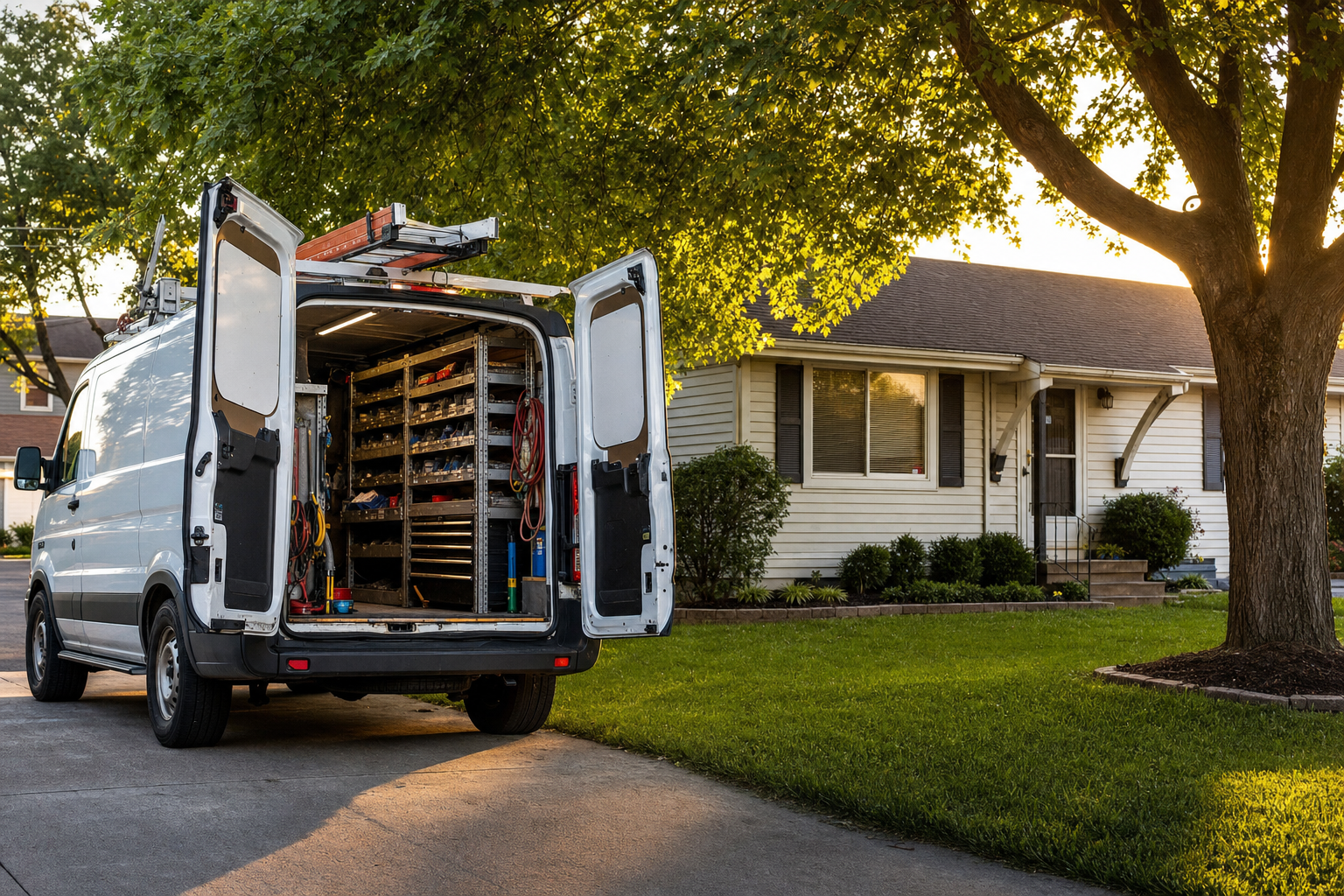 A clearly marked HVAC service van parked in front of a modest suburban South County Missouri home in (how much does an emergency AC visit cost in St. Louis)
