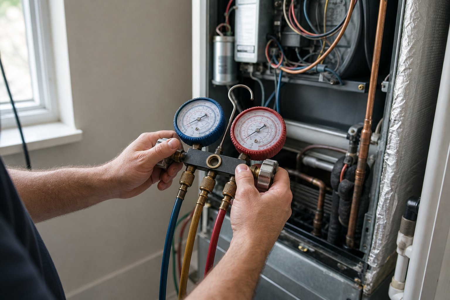 Close-up of an HVAC technician's hands holding a refrigerant gauge set near an indoor air handler
