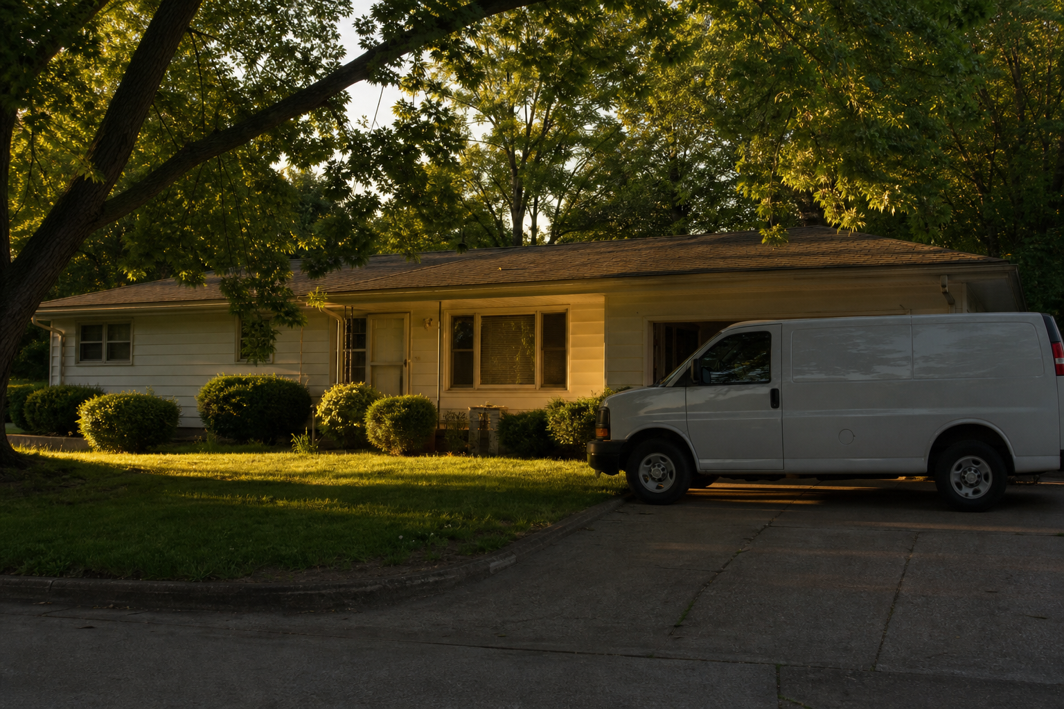 Older ranch-style home exterior on a humid summer evening