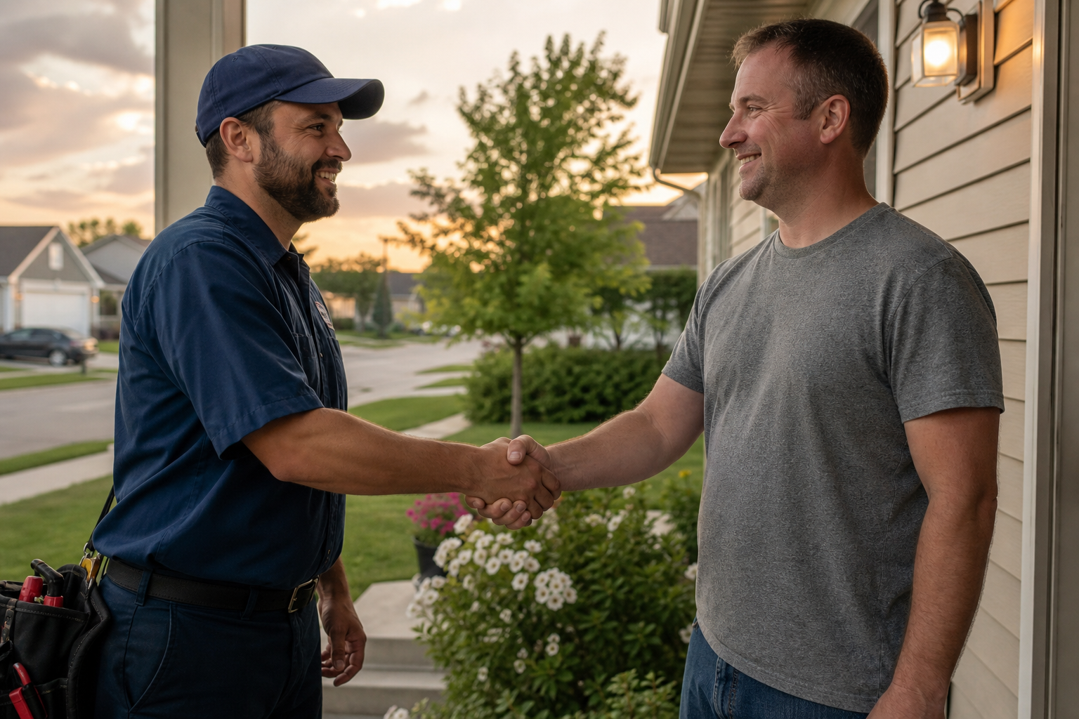 Friendly HVAC technician on a residential front porch shaking hands with a homeowner
