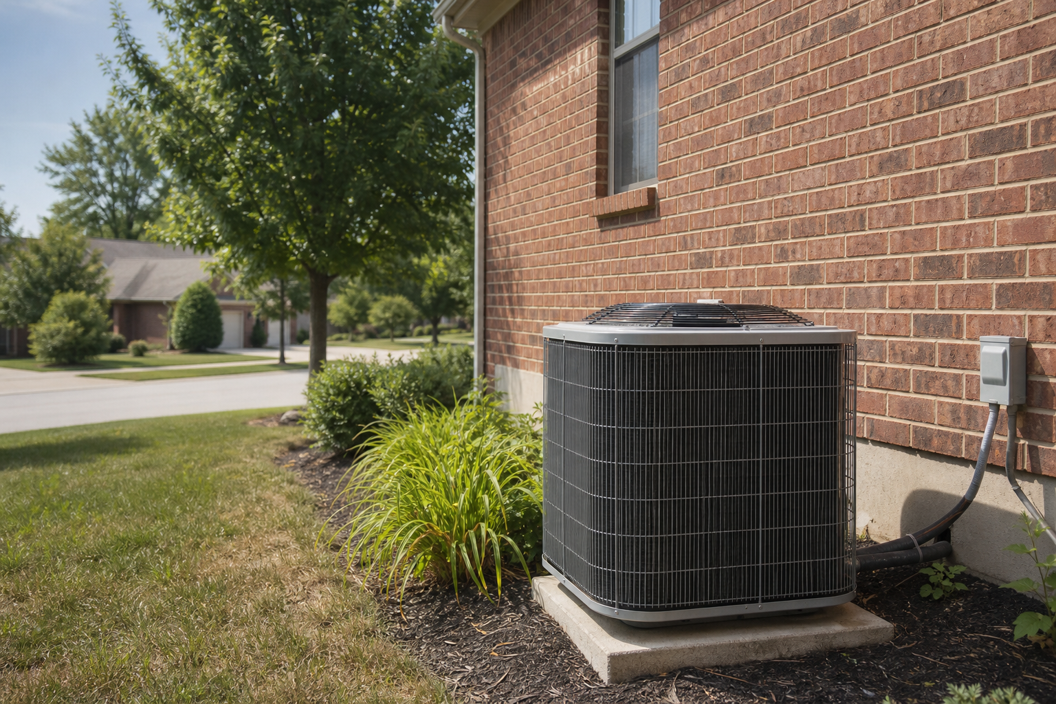 is it safe to run AC with a refrigerant leak in Oakville - Wide shot of a residential air conditioner condenser unit beside a brick suburban home in a Missouri