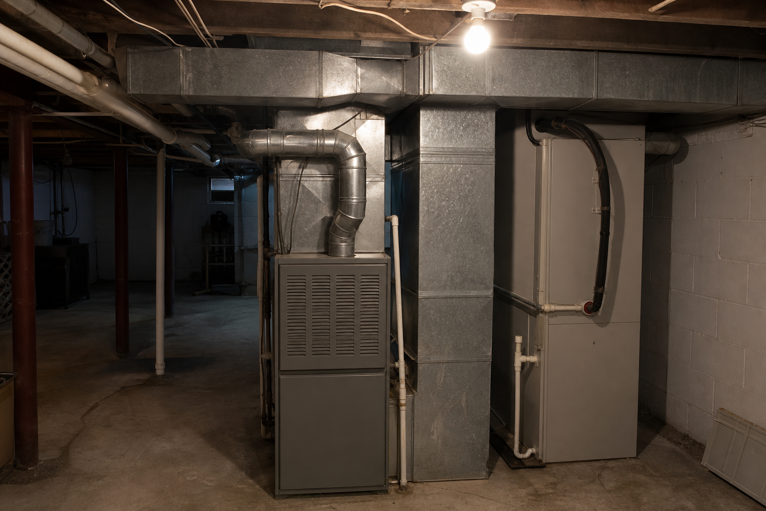 Tight interior shot of a finished basement utility room with a furnace and indoor coil cabinet