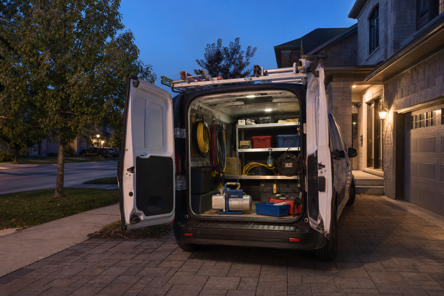 HVAC service van parked in a suburban driveway at dusk