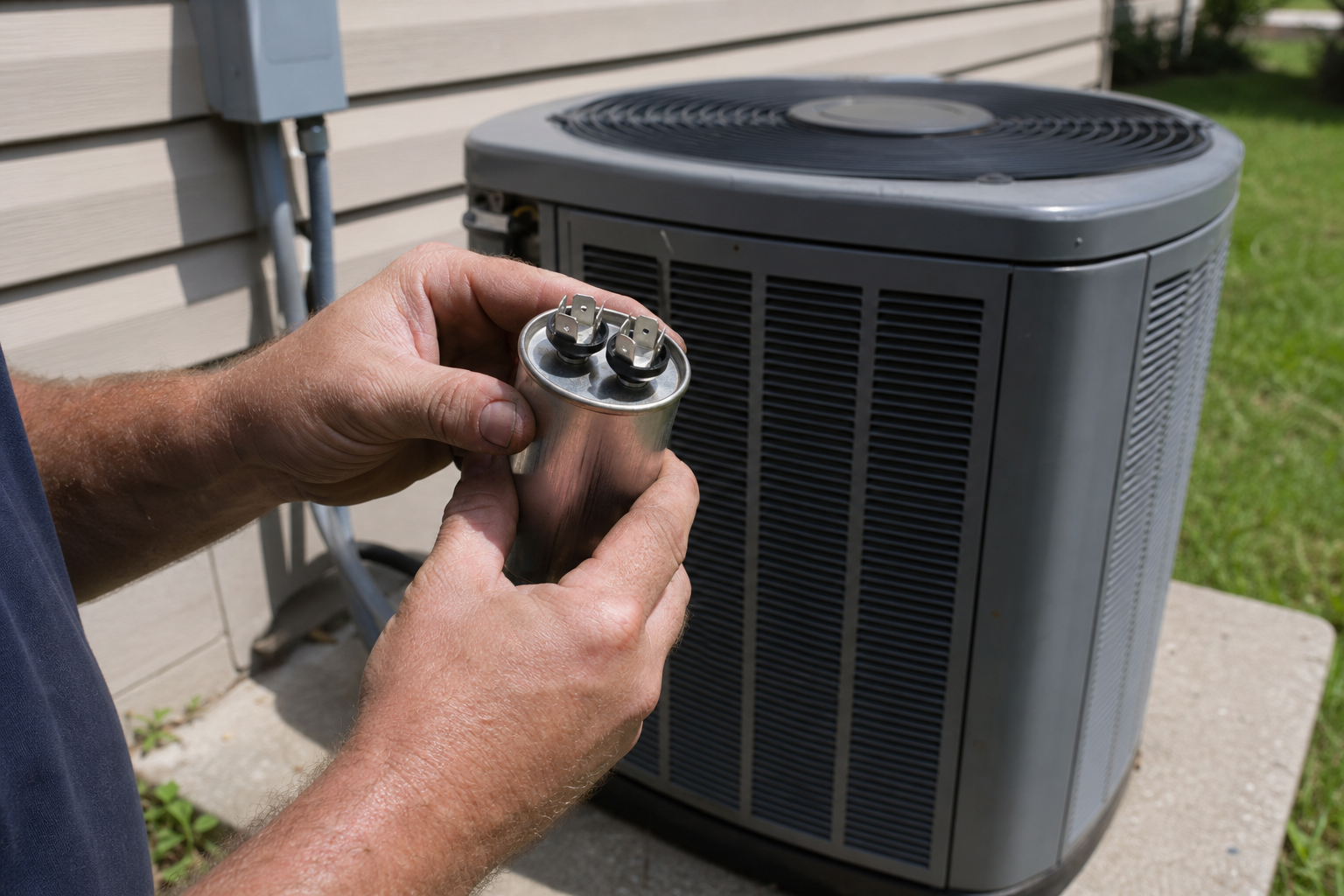 most common AC repairs in Oakville - Close-up shot of a contractor's hands holding a small round dual-run capacitor next to a residential