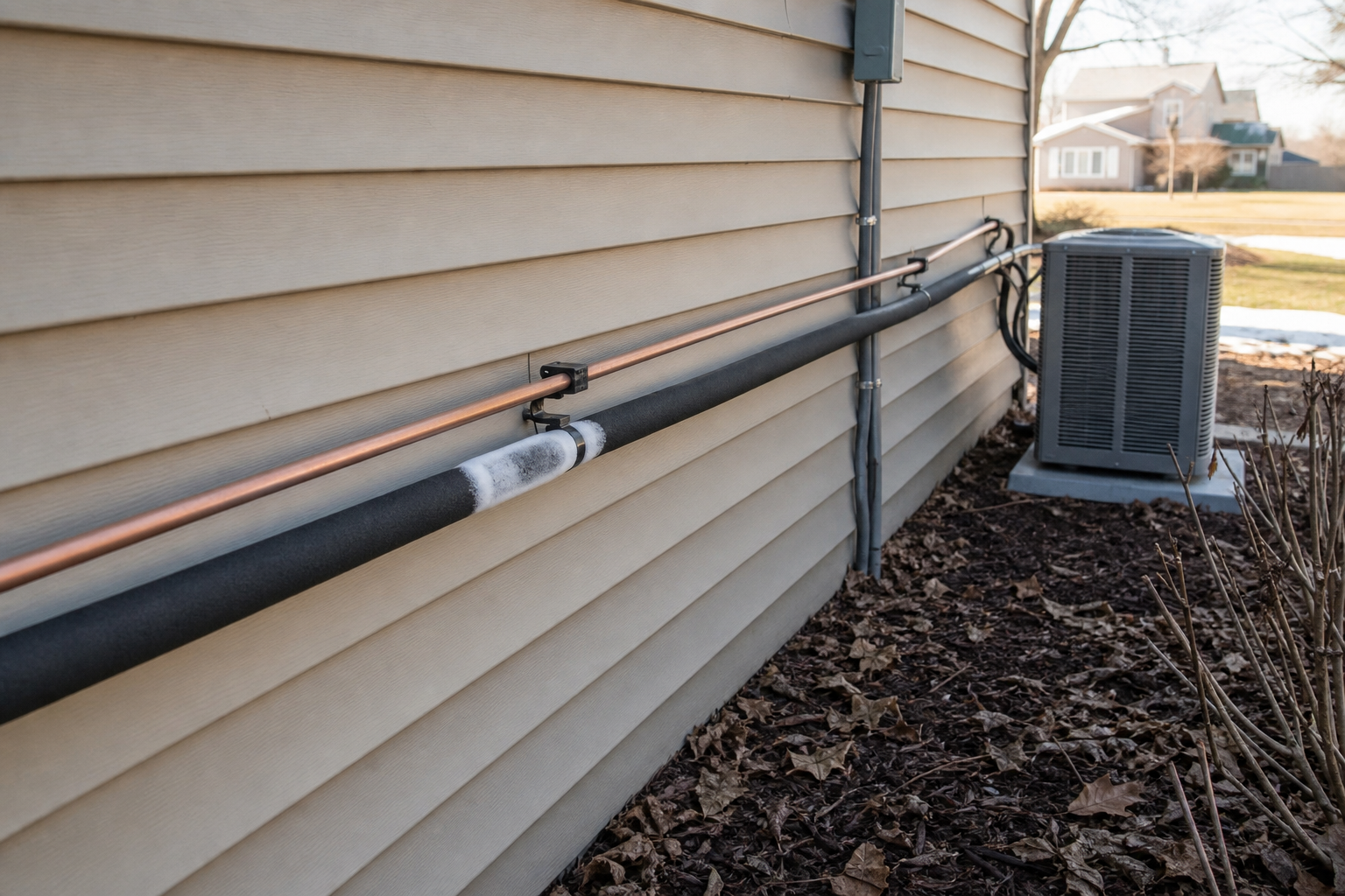 Wide shot of a copper refrigerant line set running along the side of a midwest single-family home