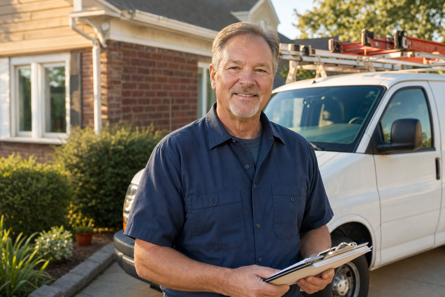 Friendly mid-50s HVAC technician in a clean work shirt standing outside a residential home