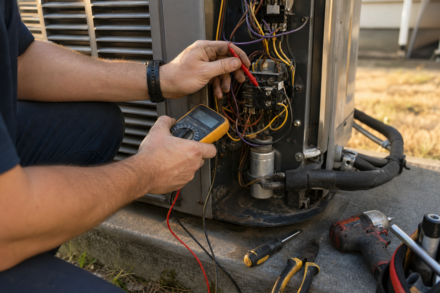HVAC technician inspecting outdoor AC condenser unit