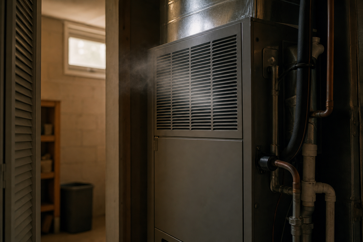 should you turn off AC if it smells burnt in St. Louis - Close-up of a residential indoor air handler in a basement utility closet
