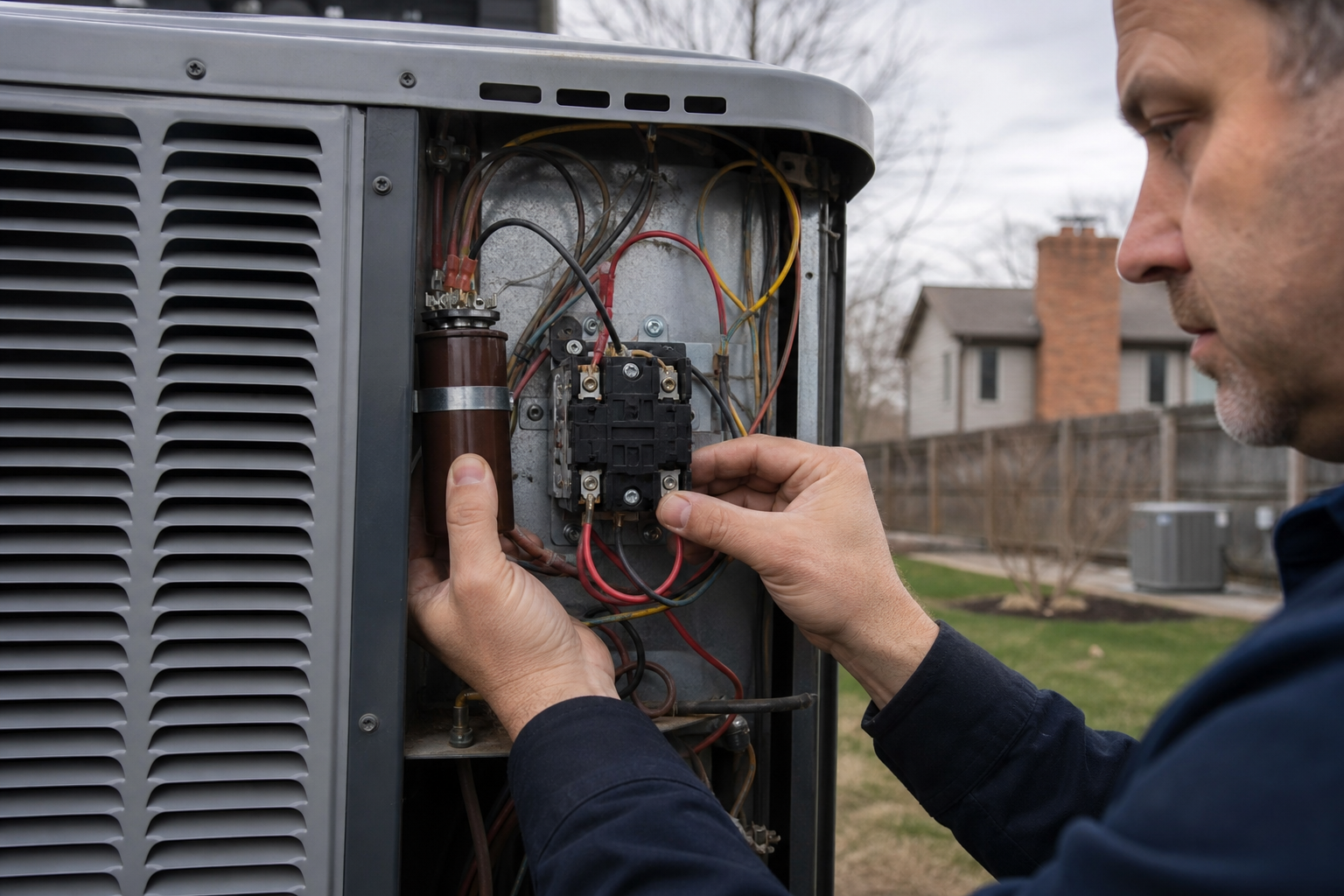 Hands of an HVAC technician inspecting a brown capacitor and contactor inside an outdoor condenser u (should you turn off AC if it smells burnt in St. Louis)