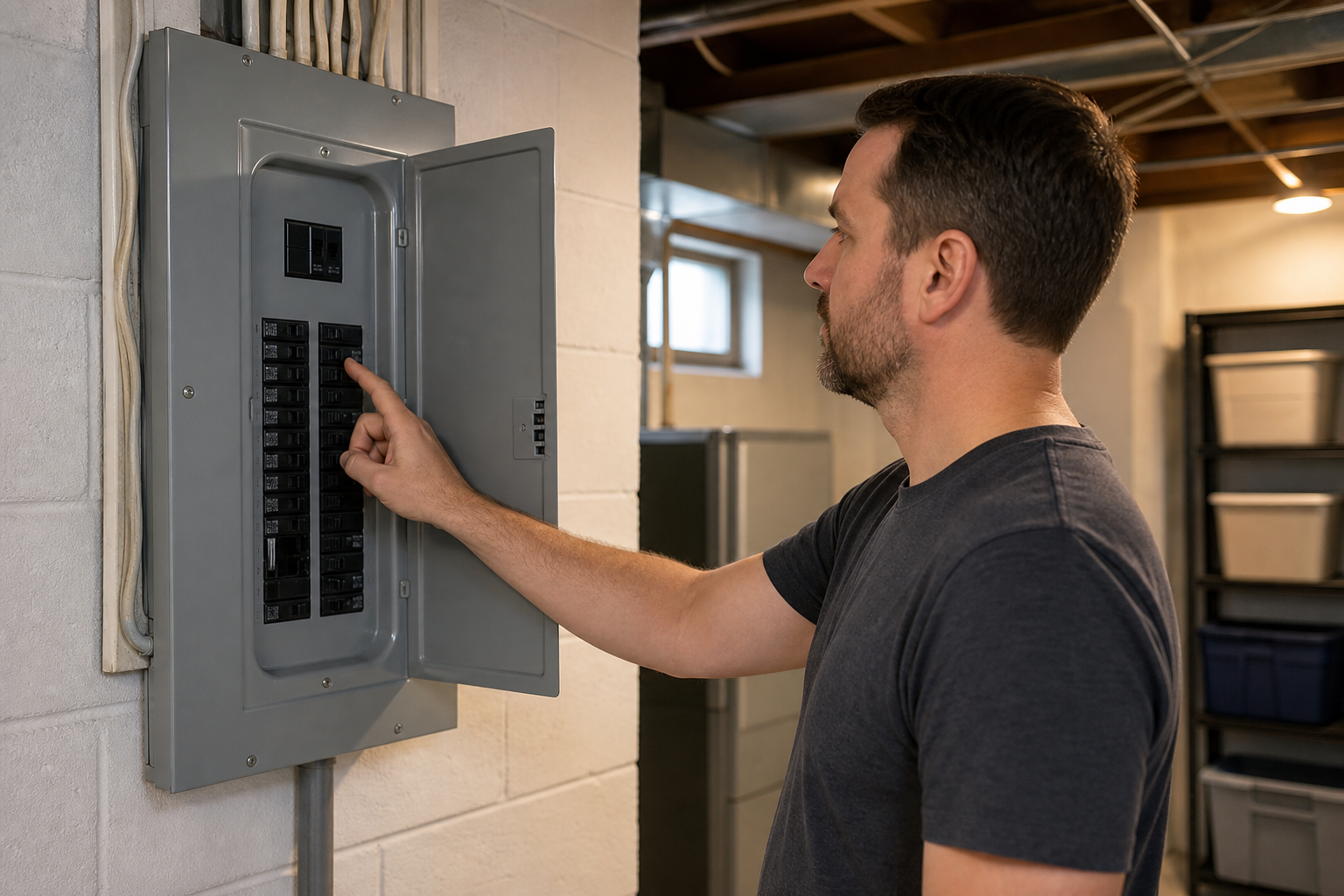 A homeowner reaching for the breaker panel in a tidy basement utility area (should you turn off AC if it smells burnt in St. Louis)