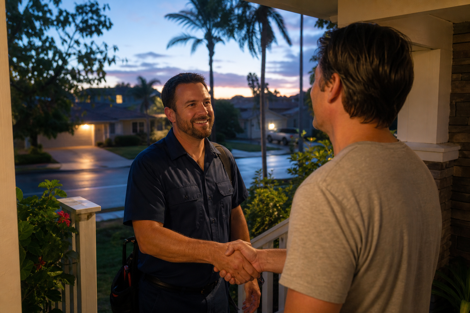 Friendly HVAC technician on a residential front porch shaking hands with a homeowner at dusk (should you turn off AC if it smells burnt in St. Louis)