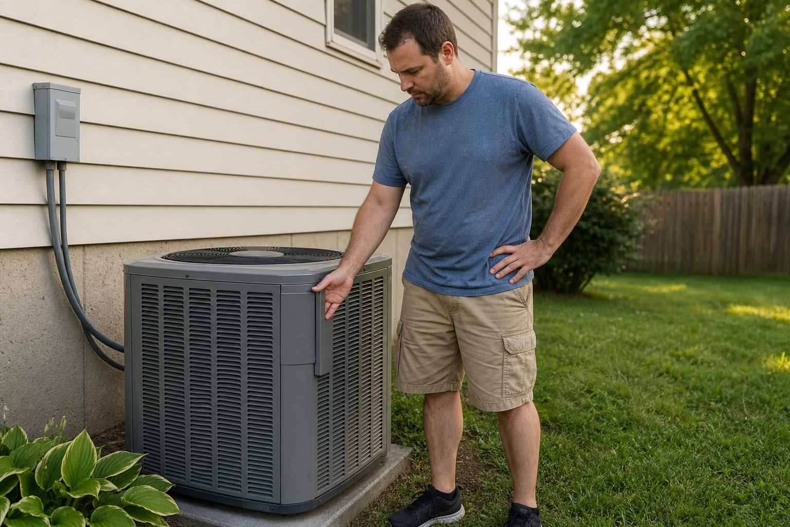 should you turn off AC if making loud noise in St. Louis - A homeowner standing in a suburban Missouri backyard next to an outdoor residential AC condenser uni