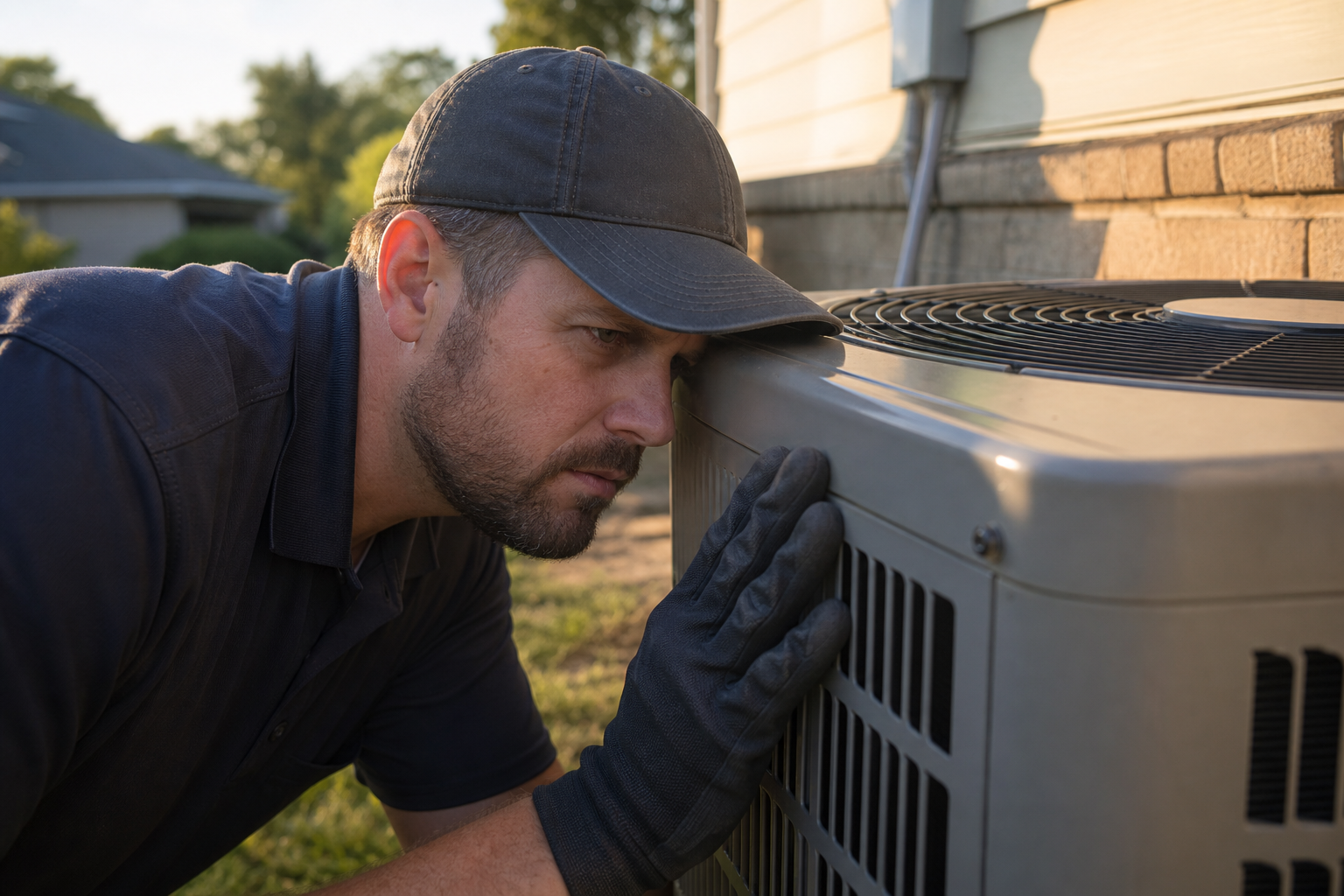 Close-up of an HVAC technician's gloved hand resting on the metal cabinet of a residential outdoor A (should you turn off AC if making loud noise in St. Louis)