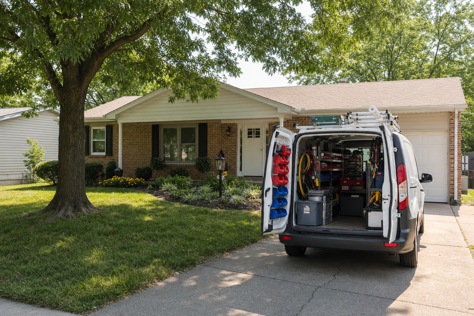 A clearly labeled HVAC service van parked in the driveway of a modest single-story suburban home in (should you turn off AC if making loud noise in St. Louis)