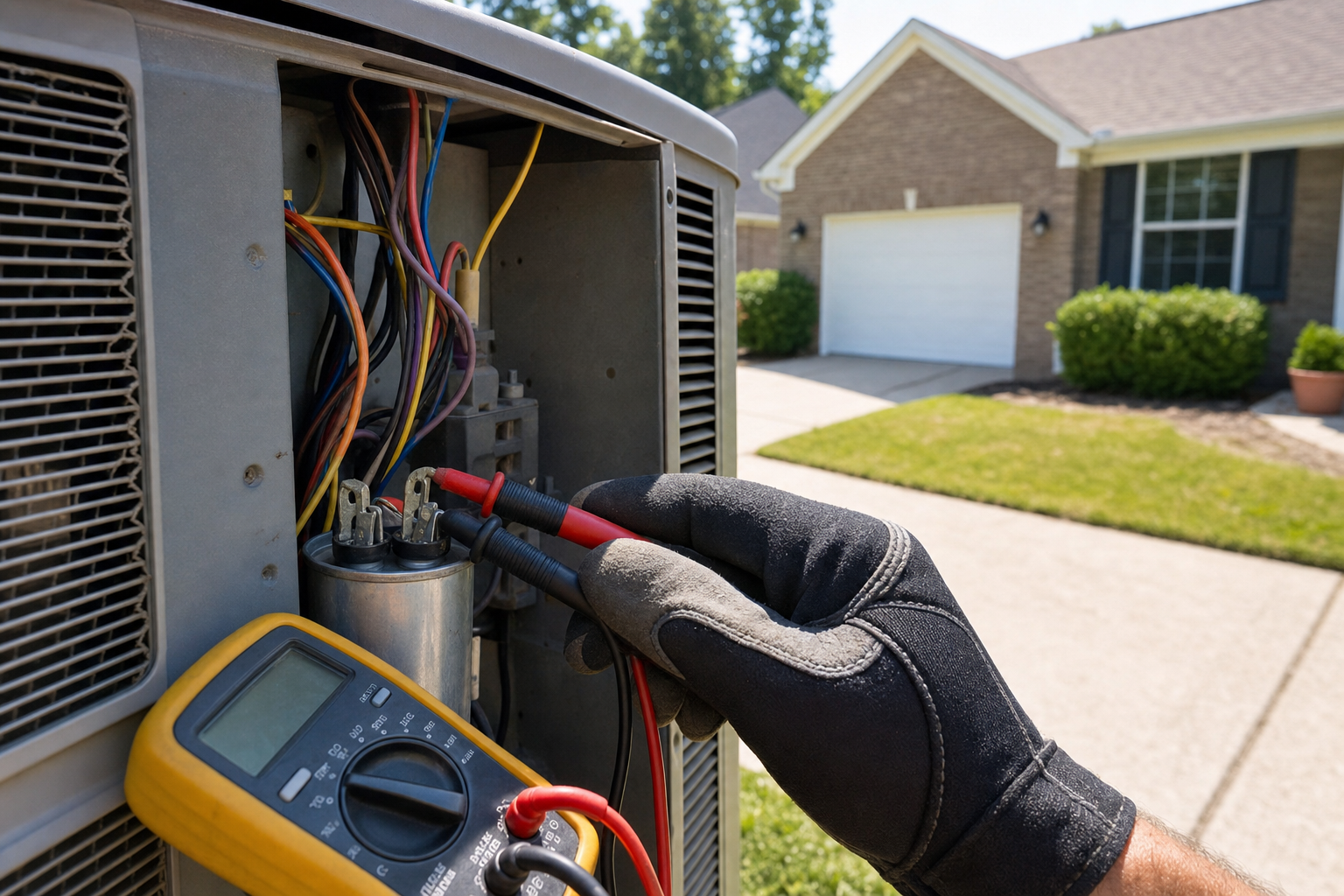 signs of a bad AC compressor in Oakville - Close-up of an HVAC technician's gloved hand using a multimeter to test a capacitor inside an open o