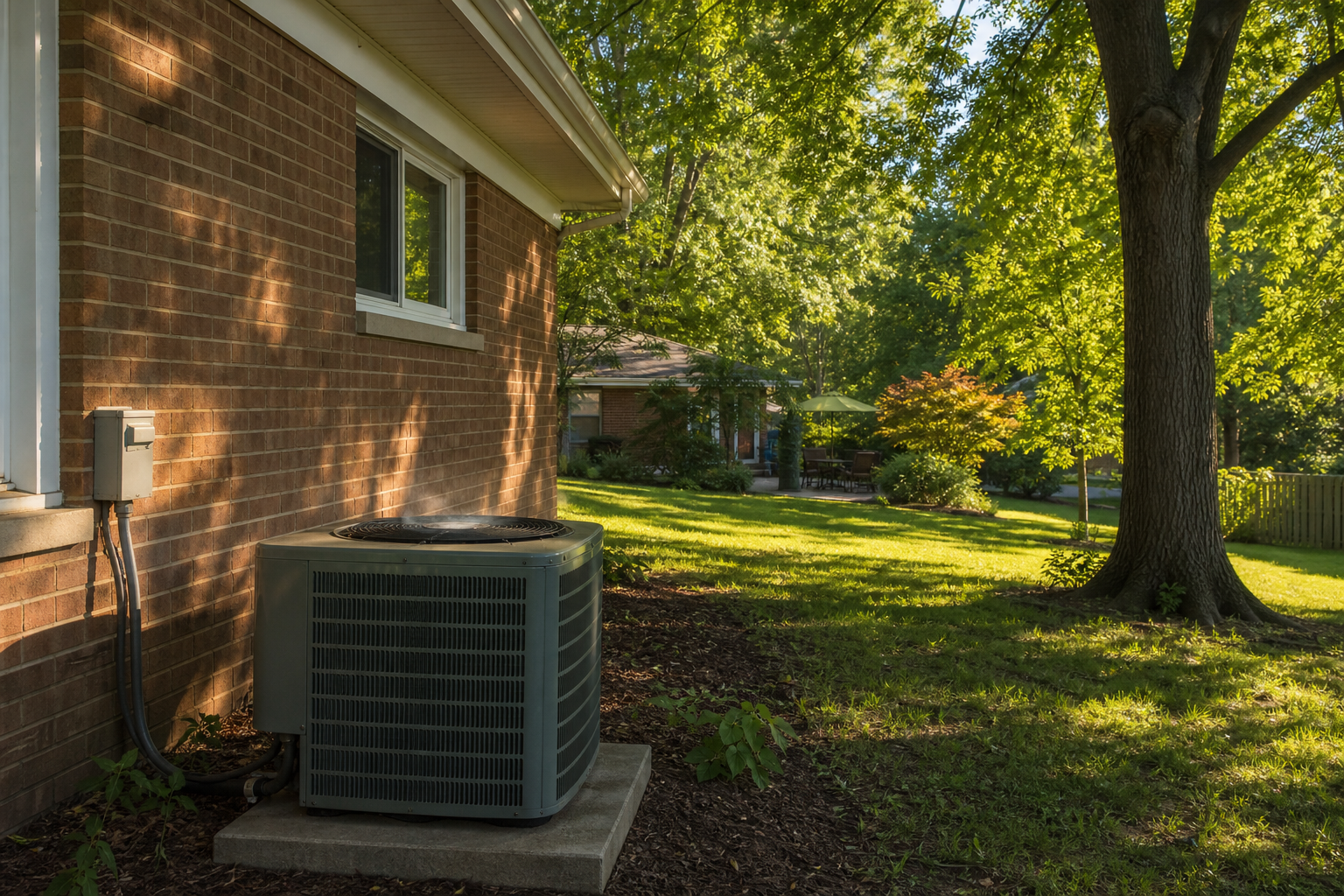 Wide shot of a residential outdoor AC condenser unit running next to the side of a brick ranch-style home