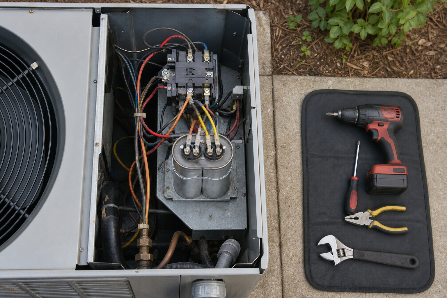 Overhead view of an open AC condenser cabinet showing internal components including the dual run capacitor and contactor