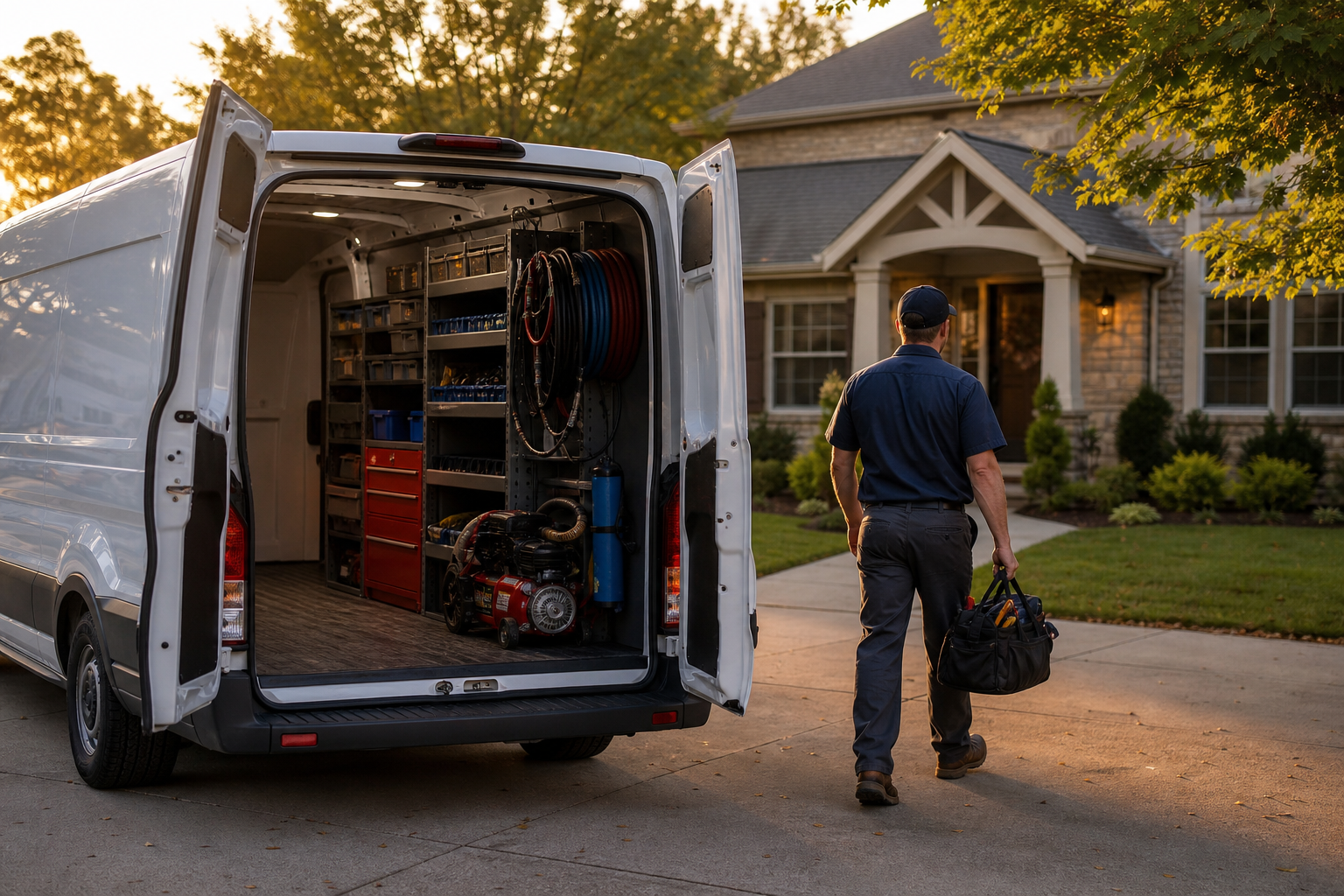 HVAC service van parked in a suburban driveway with the rear doors open showing tools and parts