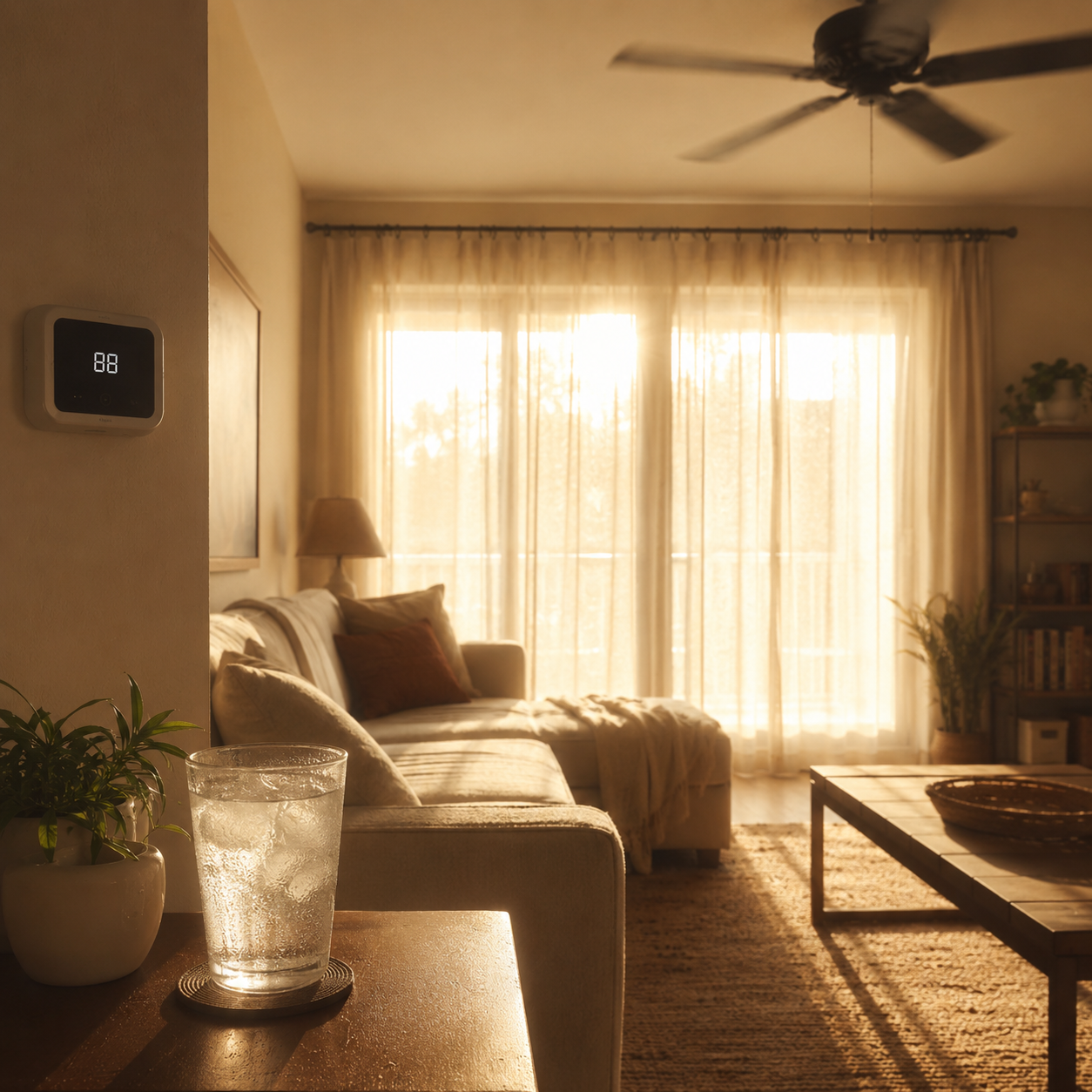 at what temperature is no ac an emergency in St. Louis - Interior shot of a sunlit living room on a hot summer afternoon