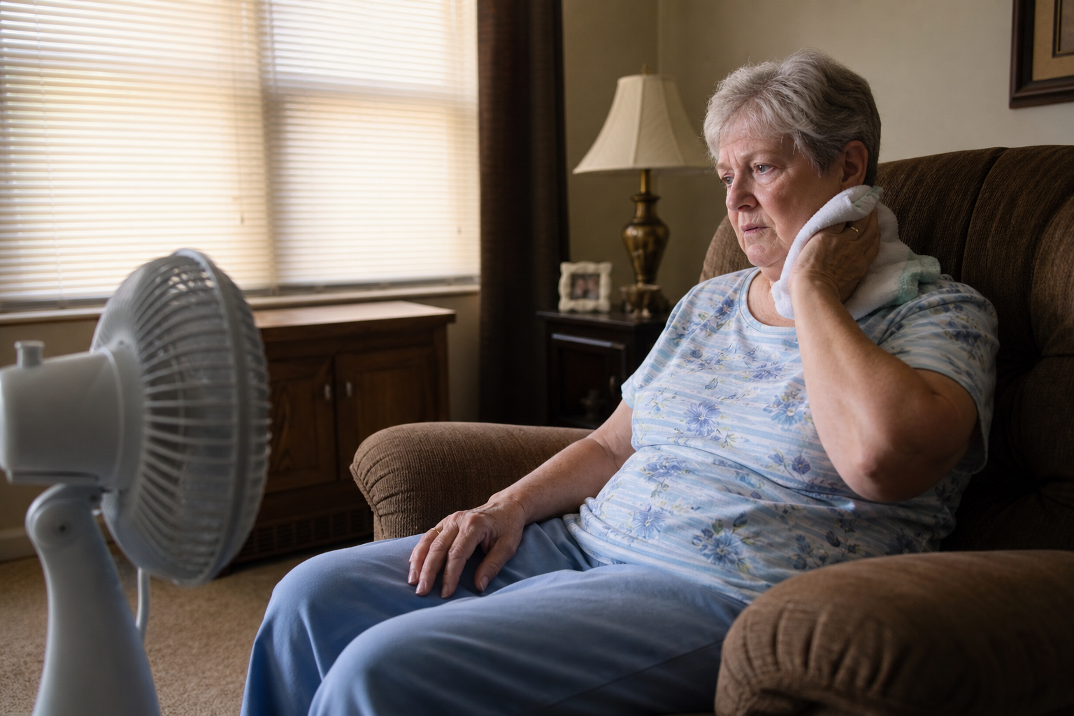 Elderly woman seated in a recliner in a modest midwestern living room with a small oscillating fan p (at what temperature is no ac an emergency in St. Louis)