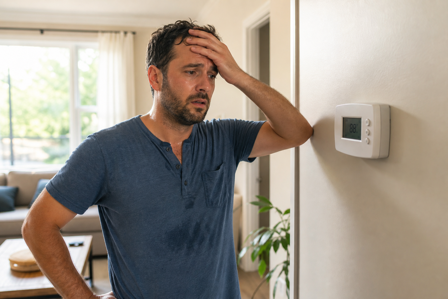 what to do if AC suddenly stops working in St. Louis - Worried homeowner standing in a sunlit living room beside a wall thermostat showing a high indoor te