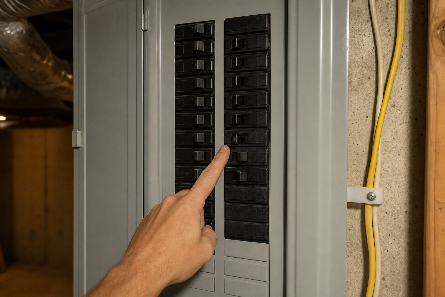 Open residential electrical breaker panel on a basement wall with a finger pointing to a tripped bre (what to do if AC suddenly stops working in St. Louis)
