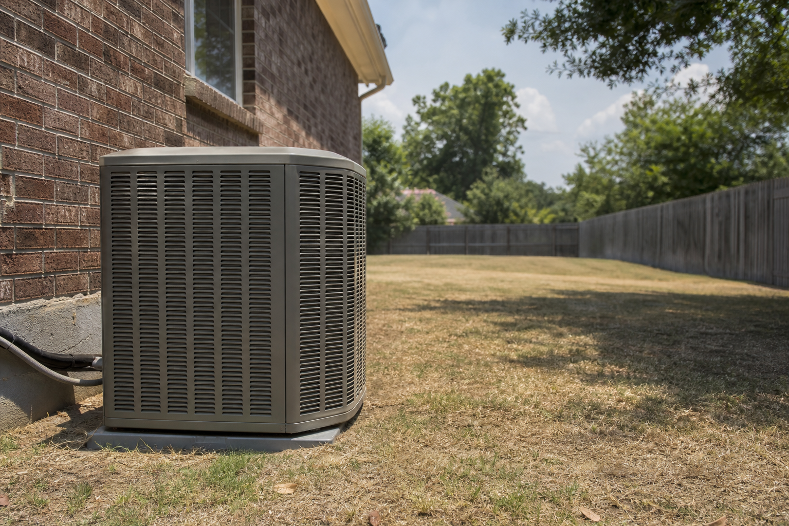 Backyard view of a residential outdoor AC condenser sitting silent next to a brick home in summer he (what to do if AC suddenly stops working in St. Louis)