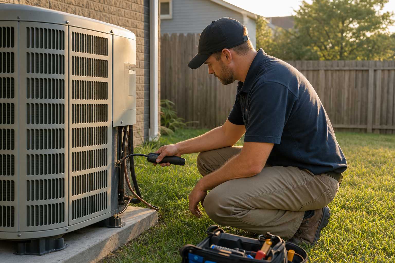 HVAC technician kneeling beside an outdoor condenser unit in a suburban backyard (why does my AC smell like it's burning in St. Louis)