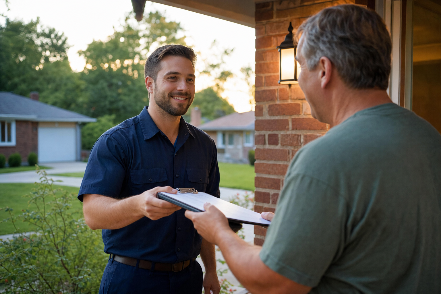 Friendly HVAC technician on a residential front porch handing a clipboard to a homeowner (why does my AC smell like it's burning in St. Louis)
