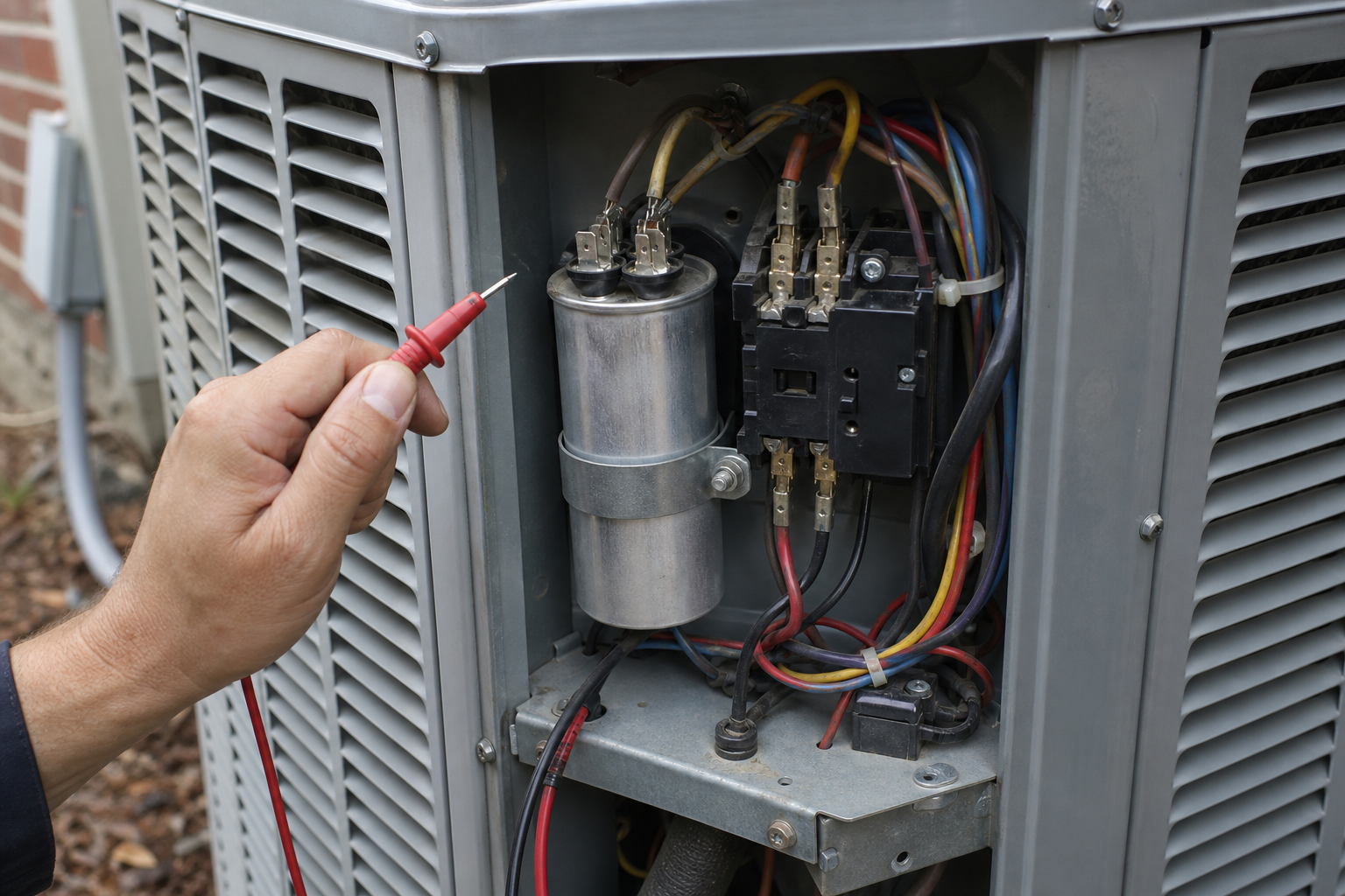 Close-up of an outdoor AC condenser cabinet with the side panel removed showing a cylindrical capaci (why is my AC suddenly blowing warm air in St. Louis)